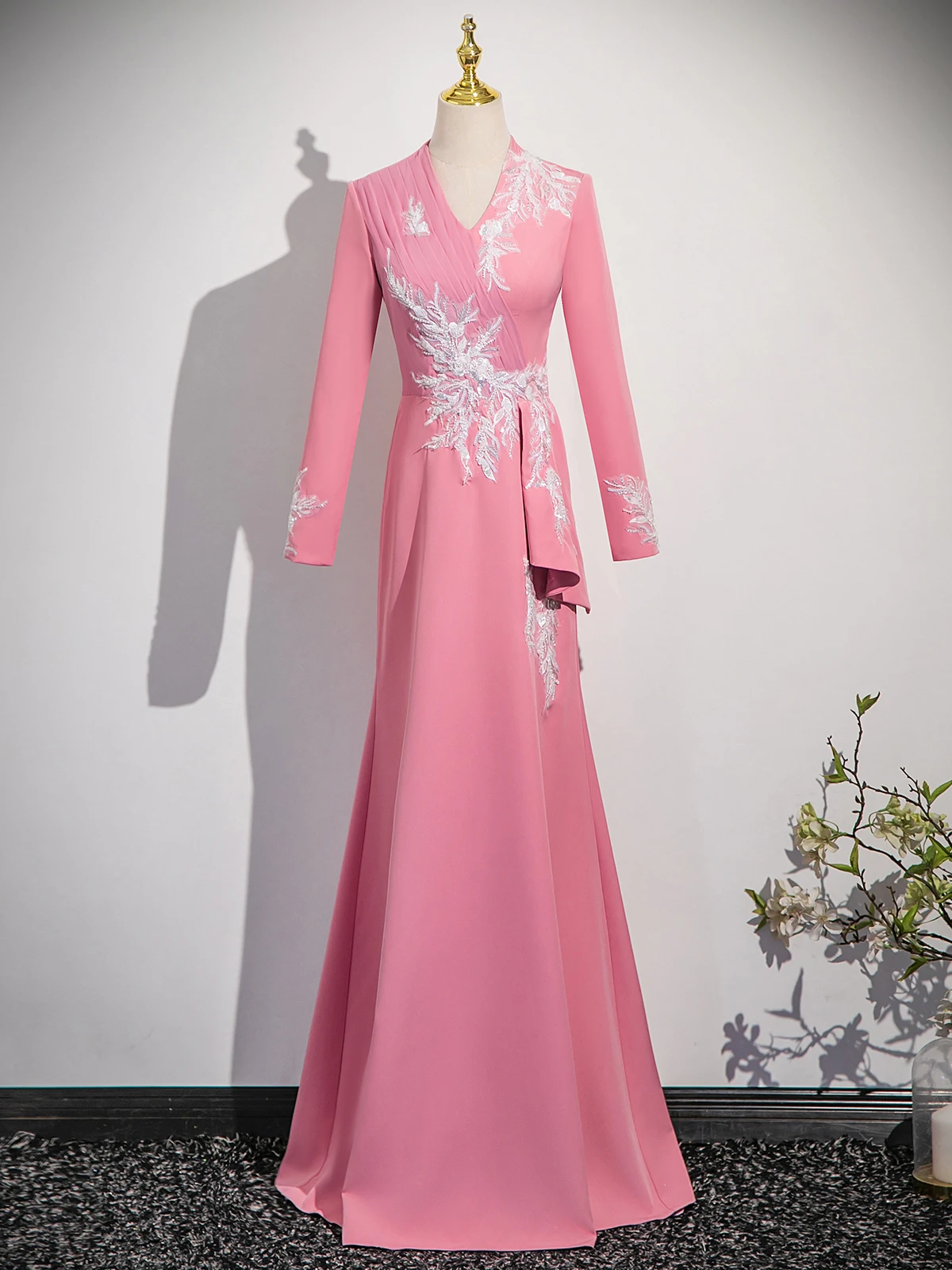 

Ele Pink Evening Gown for Host Long Sve Performance Costume for Art Exam Solo Performance Adult Ceremony