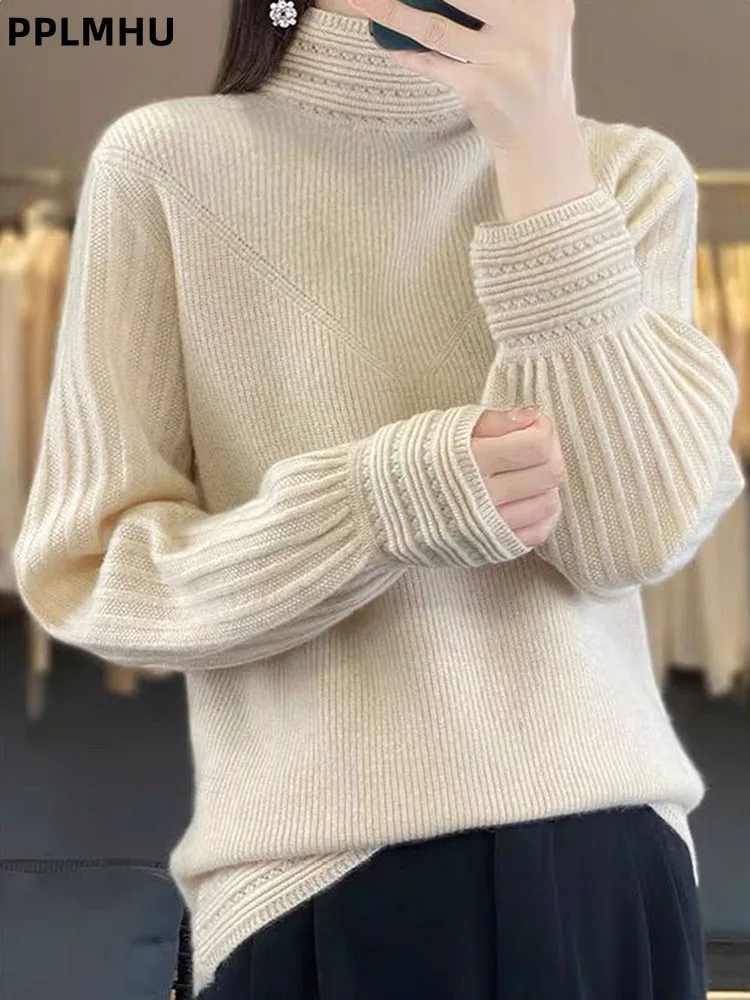 

Half High Collar Elegant Knitted Sweater Women's Casual Fashion Jumpers Top Loose Soft Warm Bottomed Knitwear Pullovers Sueter