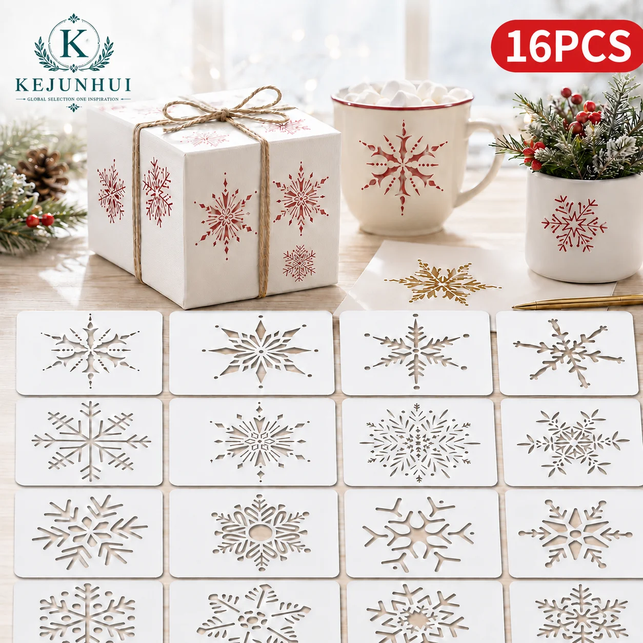 16Pcs Snowflake Stencils Reusable PET Christmas Template Set DIY Painting Stencil for Gift Wrap Cup Wood Fabric Glass Wall