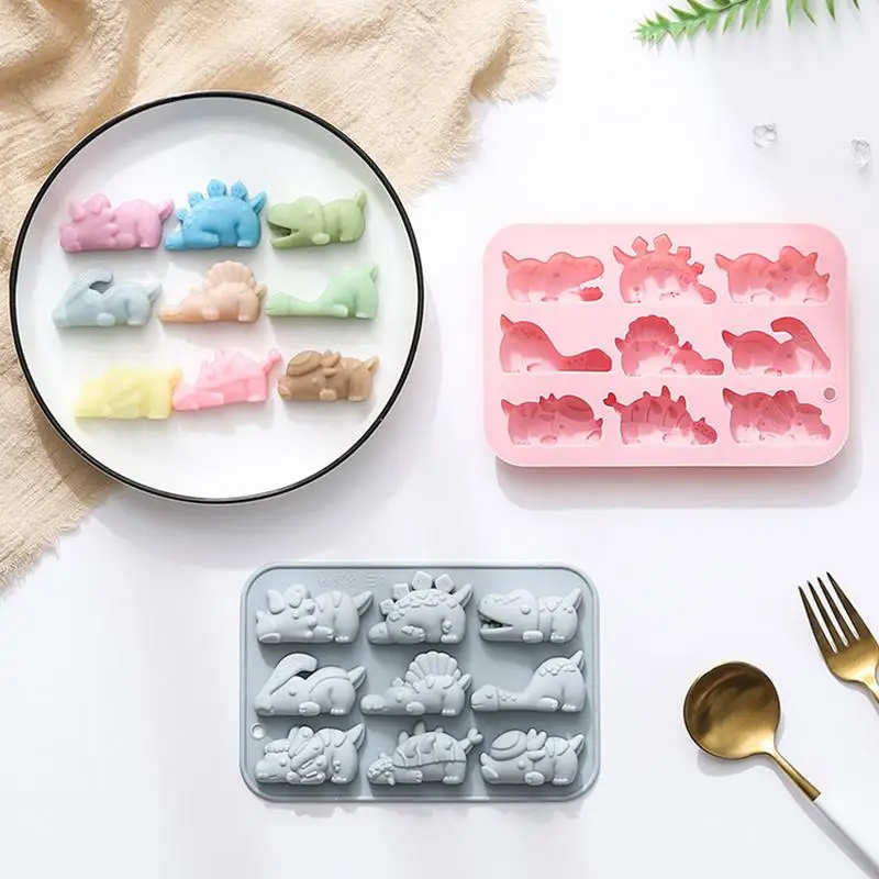 Molde de gelatina de dinosaurio, 9 cavidades, moldes de dinosaurios de silicona bonitos DIY, moldes de gelatina de Chocolate, decoración de pastel de dinosaurio