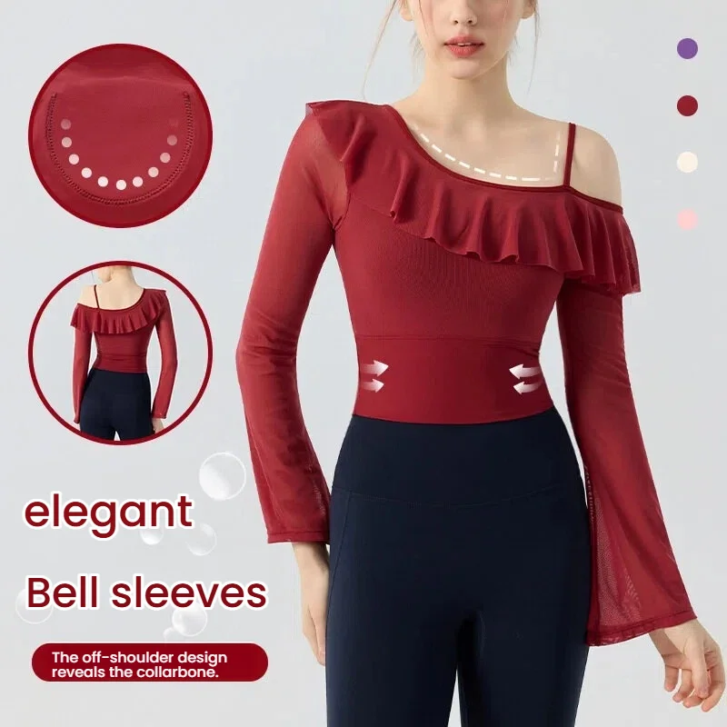 

Women's Yoga Tops Long Sleeve with Built-in Bra Padded Bare Shoulder Flared Sleeve Layered Workout T-Shirts Gym Pilras Training