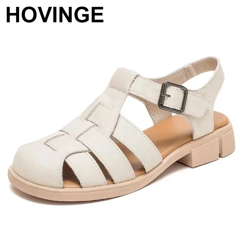 

2025 Smile Circle Women's Sandals Summer Round Toe Genuine Leather Flat Sandals Casual Hundred