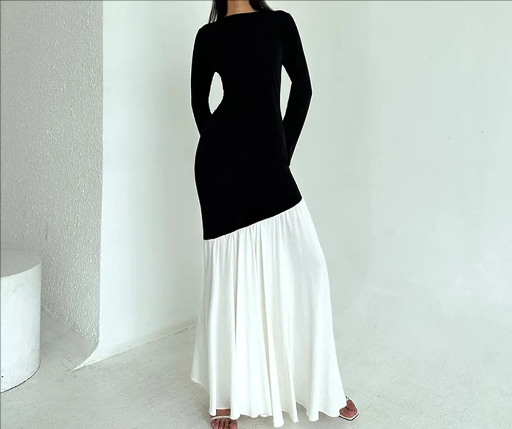 

2025 Autumn Office Lady Slim Evening Party Dresses Women's Chic O-neck Long Sleeve Black White Patchwork Asymmetrical Long Dress