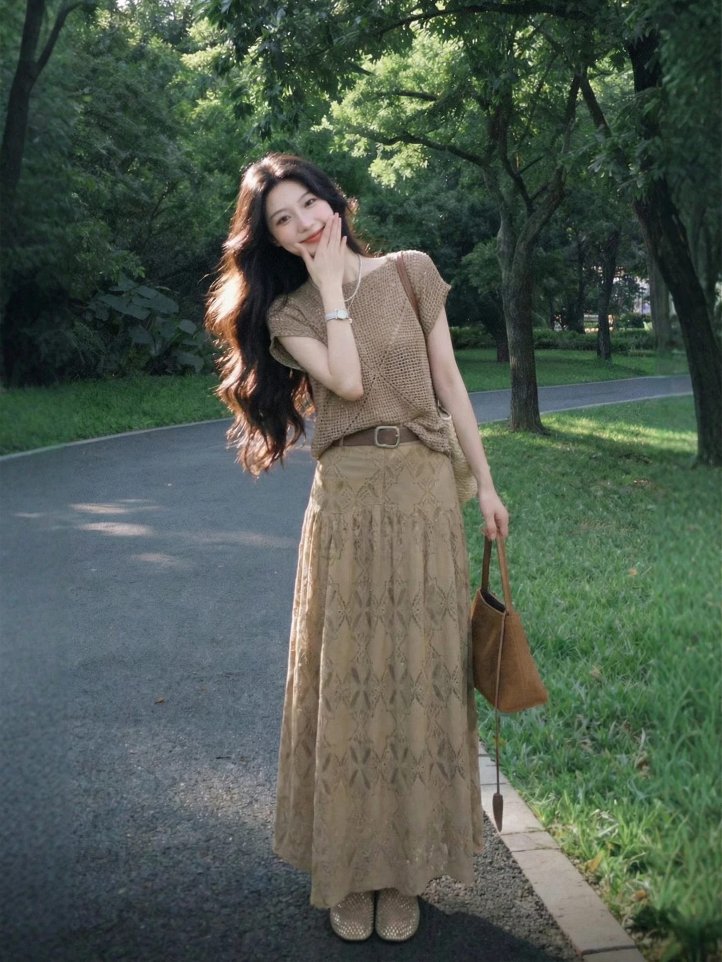 

Faionable Knitted ort Sve Loose Women's Summer Outfit Set Floral Print ter Ne Hollow out Top And Skirt