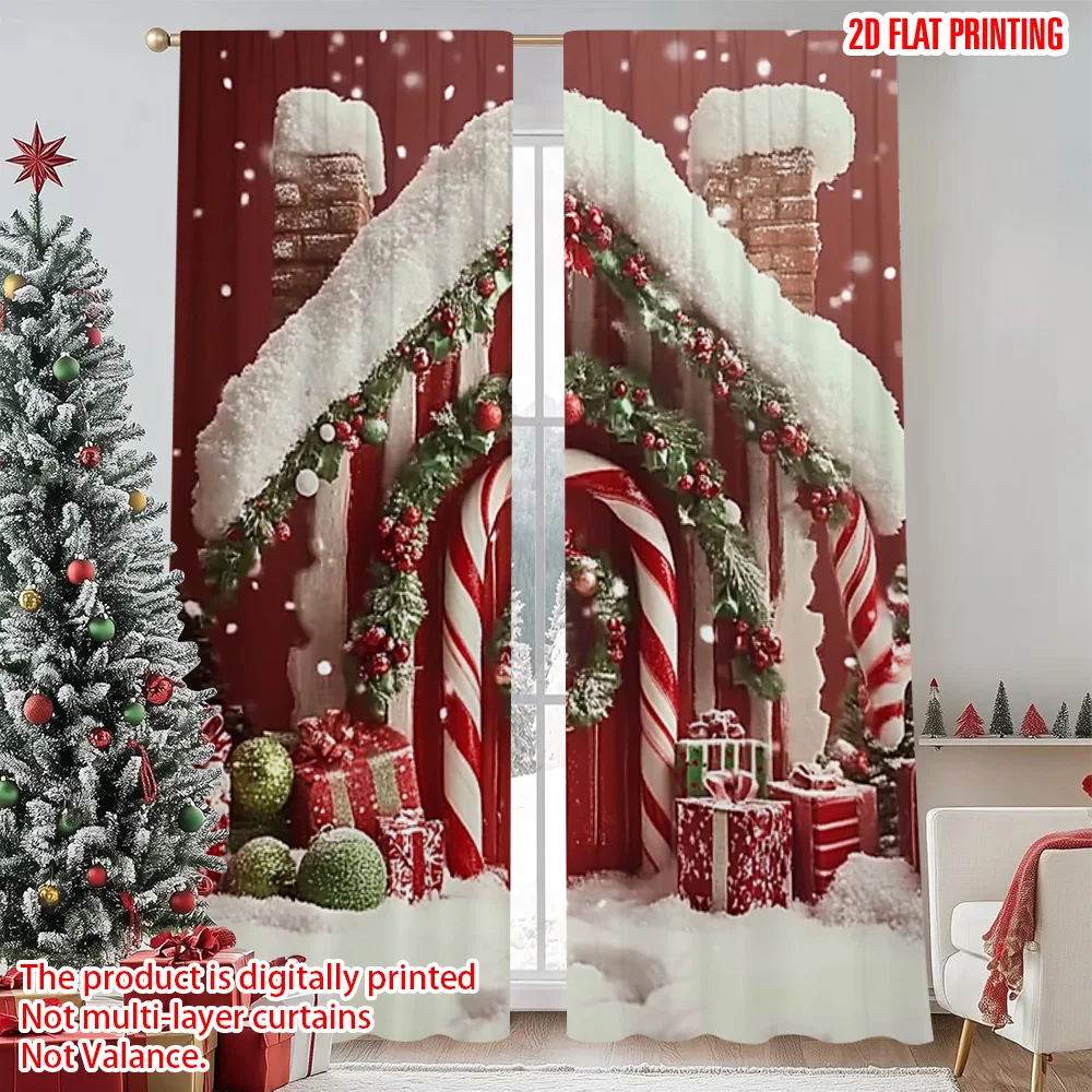

2pcs 2D flat printing Merry Christmas Curtain Candy House Christmas Fabric Without Electricity Festive Wall Decor for Holiday