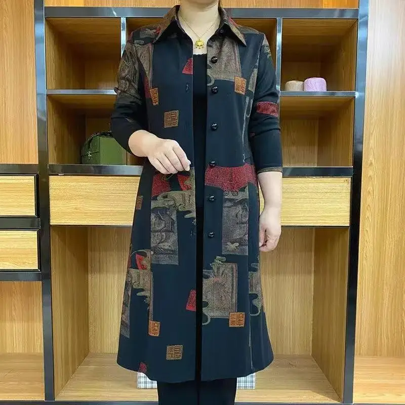 High-end Mother's Large-size Medium and Long Trench Coat, New Middle-aged and Elderly Women's Autumn Slim-fitting and Thin Coat