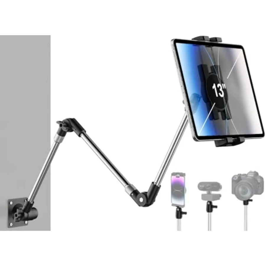 

Aluminum Tablet Wall Mount Holder - 35 Inch Foldable Arm Tablet Stand for Wall 360° Adjustable Webcam Camera Clip for iPad Pro