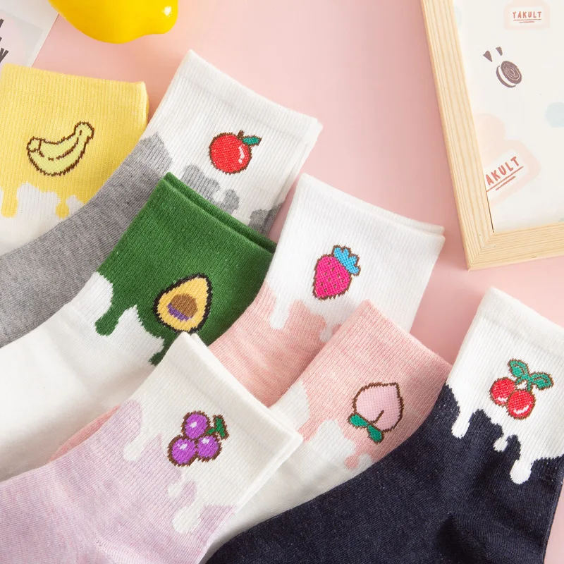 

Female Socks Mid Length Colored Fruit Cartoon Girl Sock Genjuku Style Student High Length Socks Sweet Cotton Sock