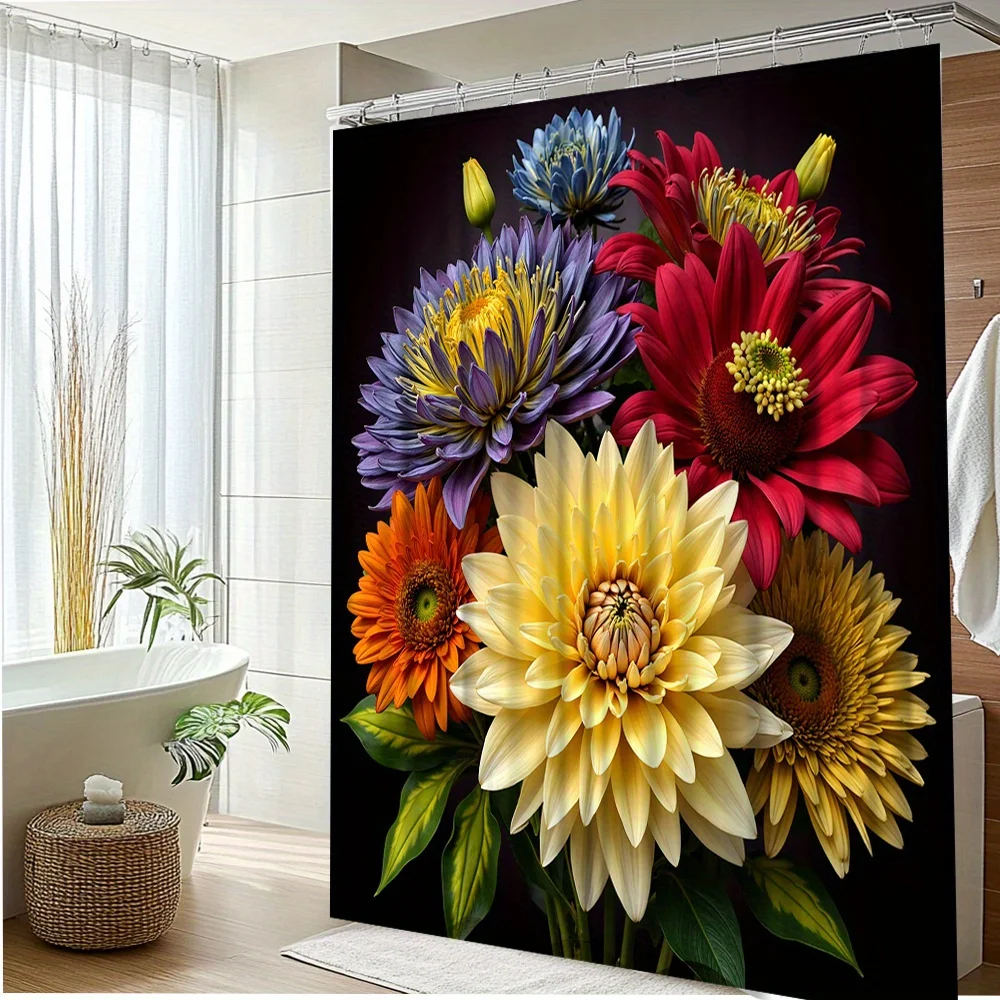 

1pc Vibrant Floral Shower Curtain with Multicolor Blossoms on Dark Background - Machine Washable Polyester Fabric,