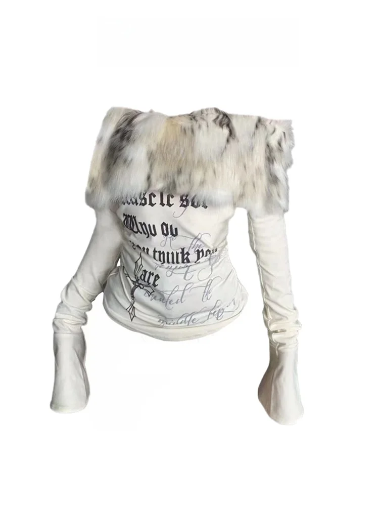 Y2K スパイシーガール 長袖Tシャツ レディース スリムフィット 肩出し フェイクファーカラー トップス 秋冬 通勤スタイル