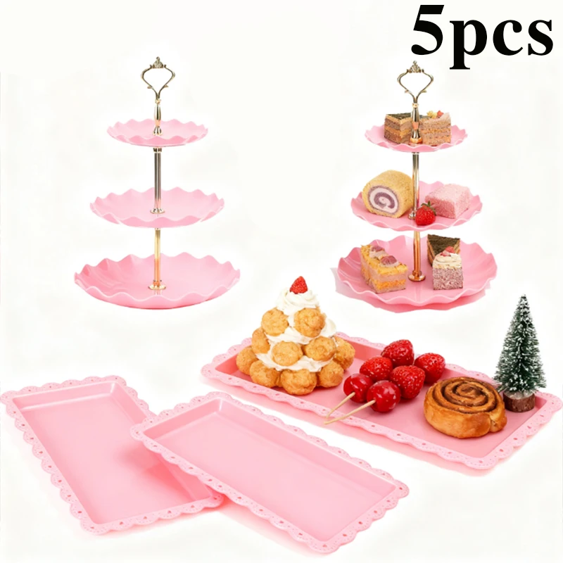 2/5 قطعة رف كعكة وردي فاخر لطاولة الحلوى صينية حلوى شاي بعد الظهر صينية كعك ثلاثية الطبقات، مناسبة لعيد الميلاد. #2