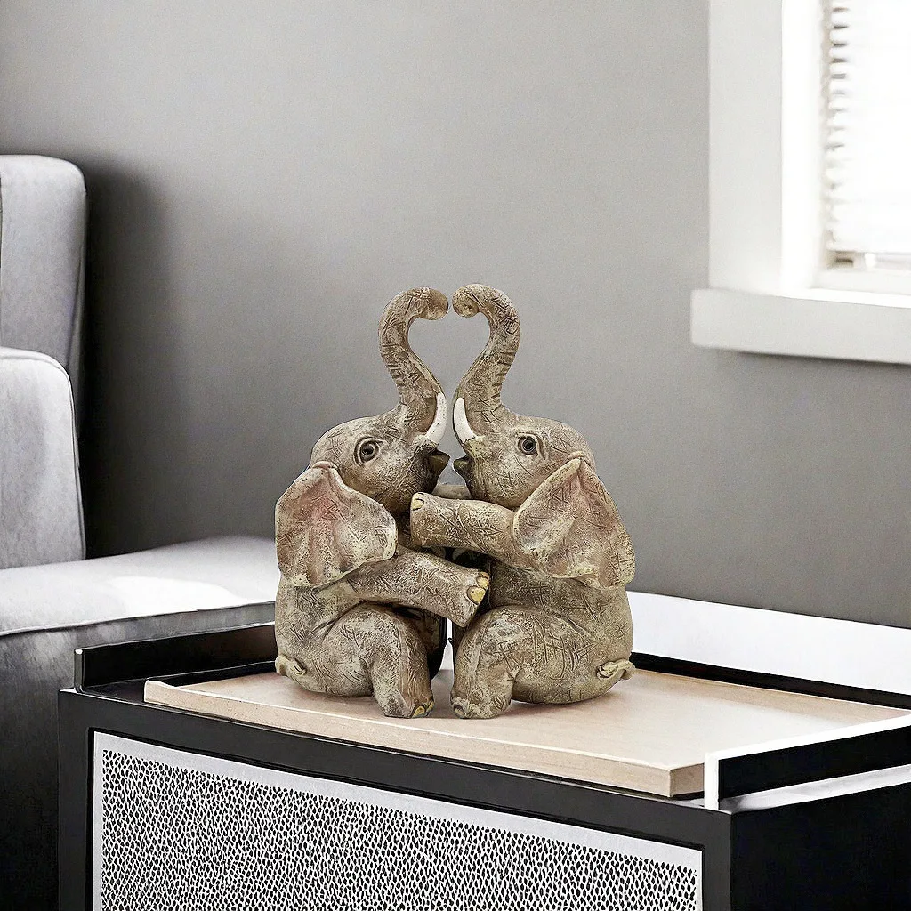 Elephant Couple Statue Love Embrace Garden Decor Animal Figurine Home Ornament