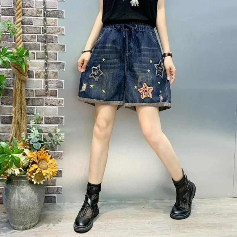 Women's Summer New Japan Style Vintage Sweet Embroidered Cuffs Straight Shorts Loose Elasticized High-waisted Drawstring Jeans