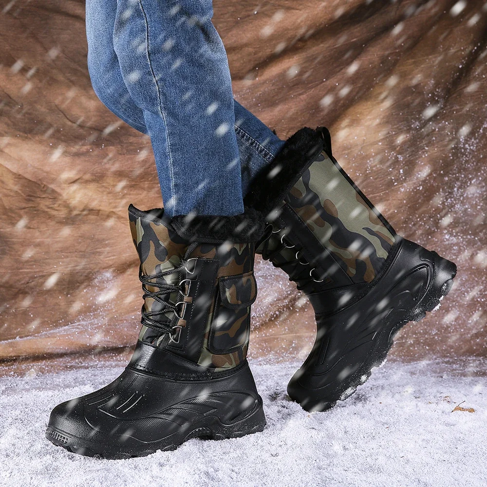 New Winter Camouflage Snow Men Boots Rain Shoes Outdoor Waterproof With Fur Plush Warm Male Casual Mid-Calf Work Motorcycle Boot