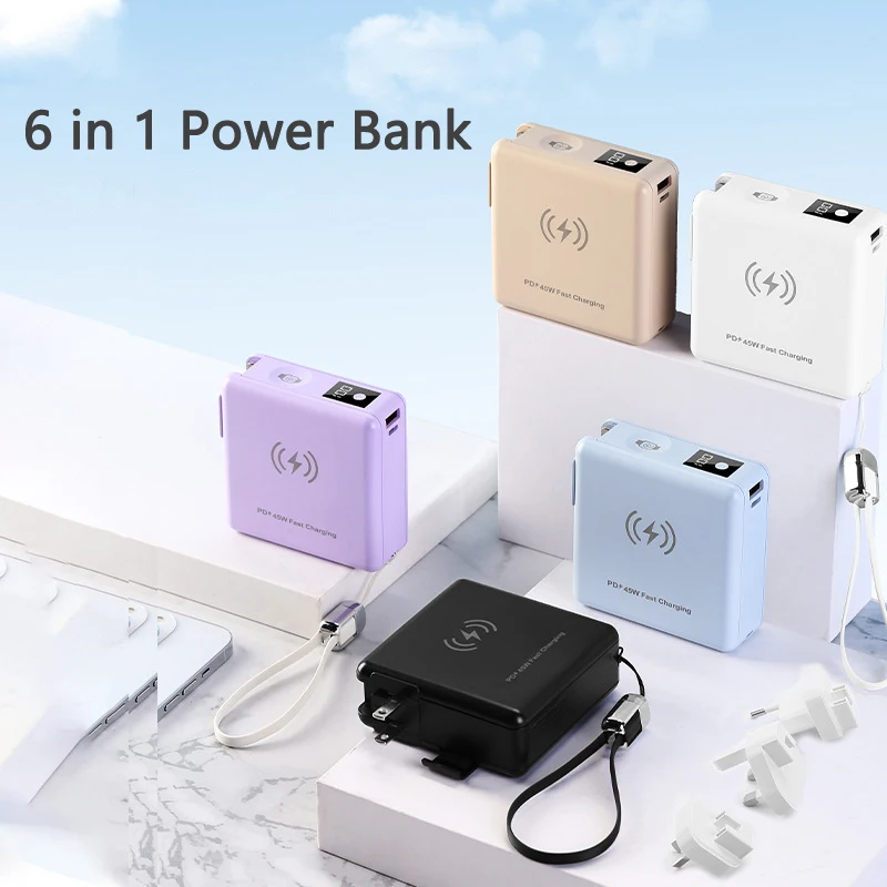 

6 in 1 Magnetic Power Bank 15000mAh PD45W Fast Charge for Laptop Mobile Phone Powerbank with AC Plug Wireless Charger for iWatch