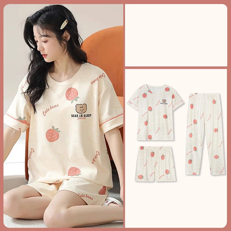 

Женские пижамы, летние новые стильные шорты с круглым вырезом и короткими рукавами, брюки, тонкая простая повседневная домашняя одежда, комплект из трех предметов