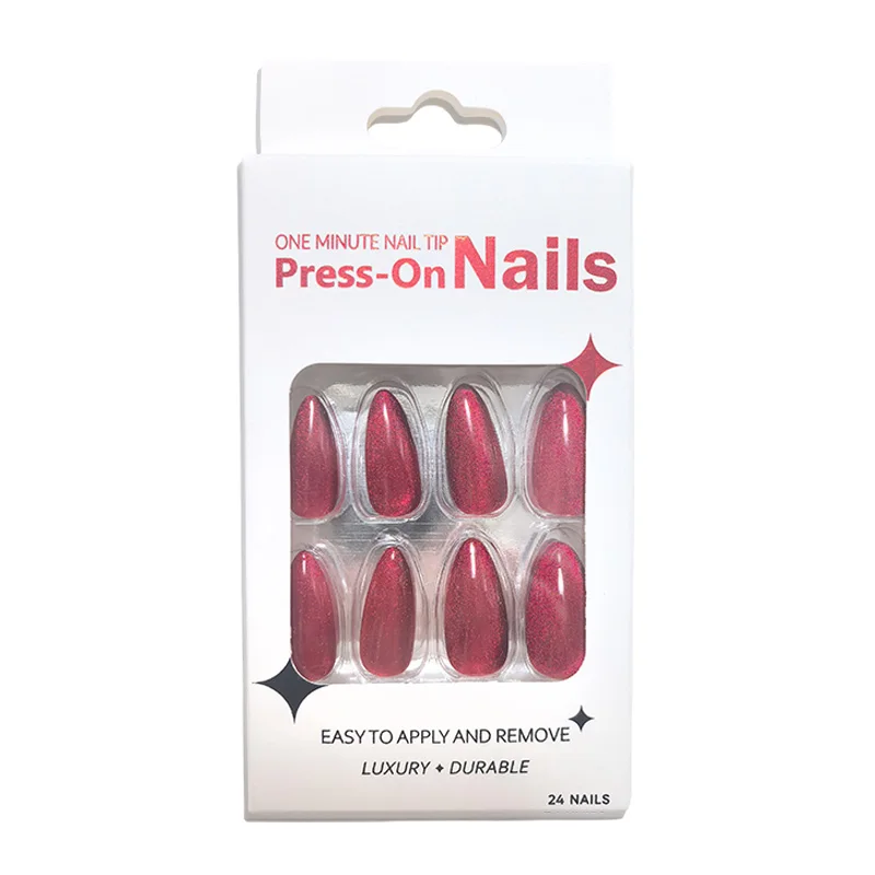 

Пресс ручной работы на ногтях в форме миндаля, полный набор из 24 предметов для мгновенного дизайна ногтей - рубиновый кошачий глаз