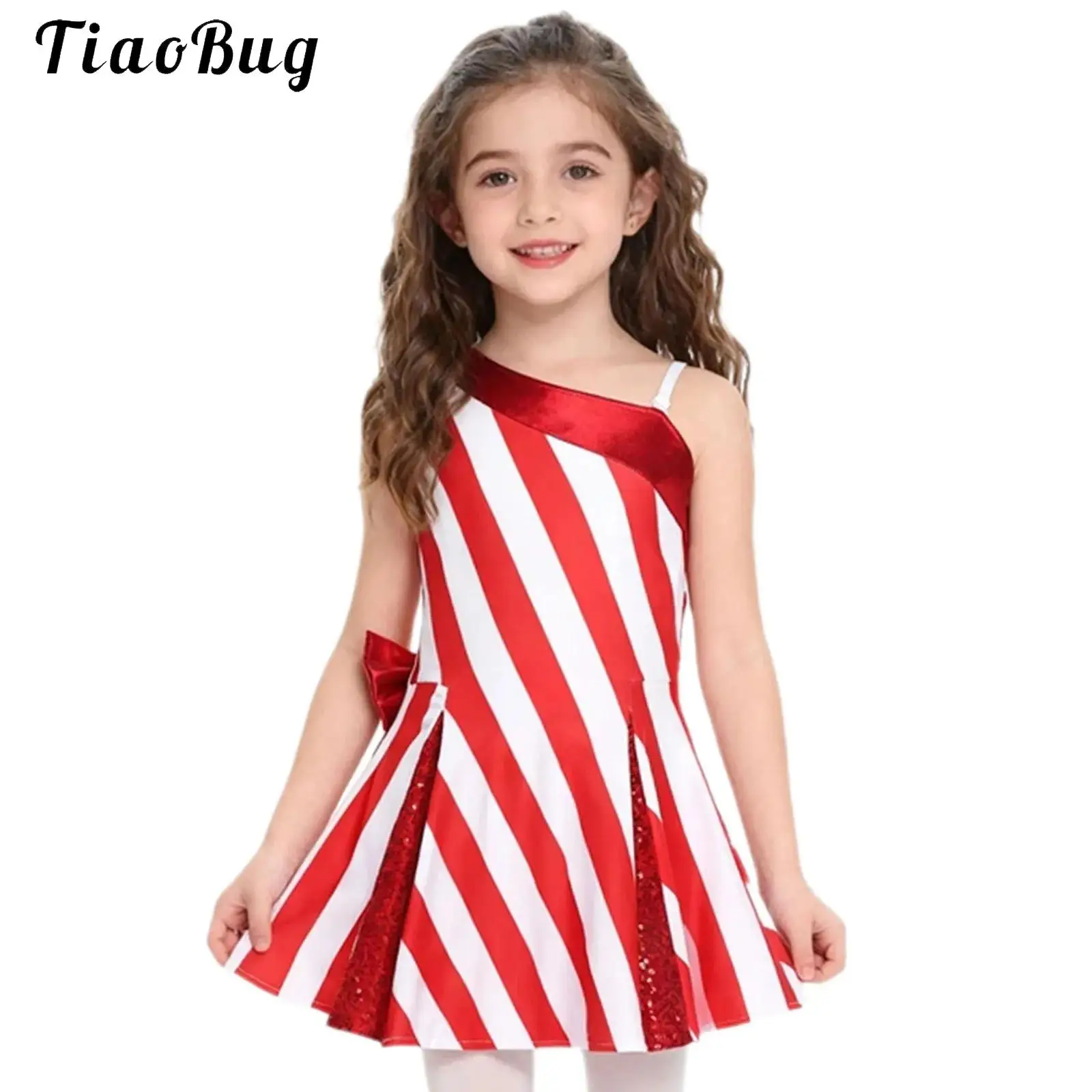 

Girls Christmas Santa Elf Costume Shiny Sequin One Shoulder Figure Ice Skating Dance Dress Xmas Party Candy Cane Stripes Costume