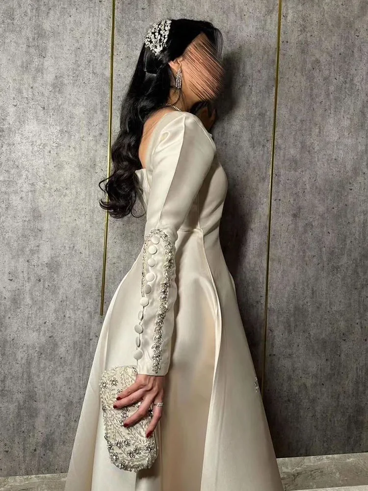 Adeli Vintage A-Line Square Neck Prom Dress Women's Crystal Button customized Evening Gown Ankle Length Special Occasion Dresses image 2