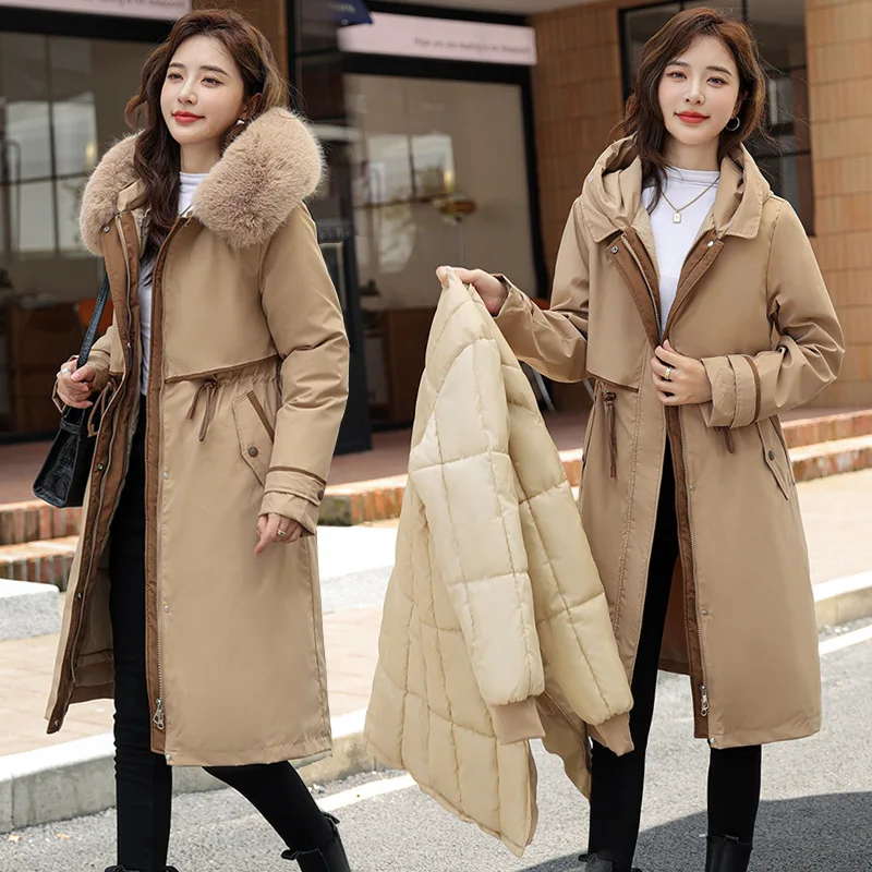 Korean Cotton Lined Winter Parkas Women Faux Fur Collar Hooded Jackets 2023 Warm Cotton Padded Coat Outerwear Female Windbreaker