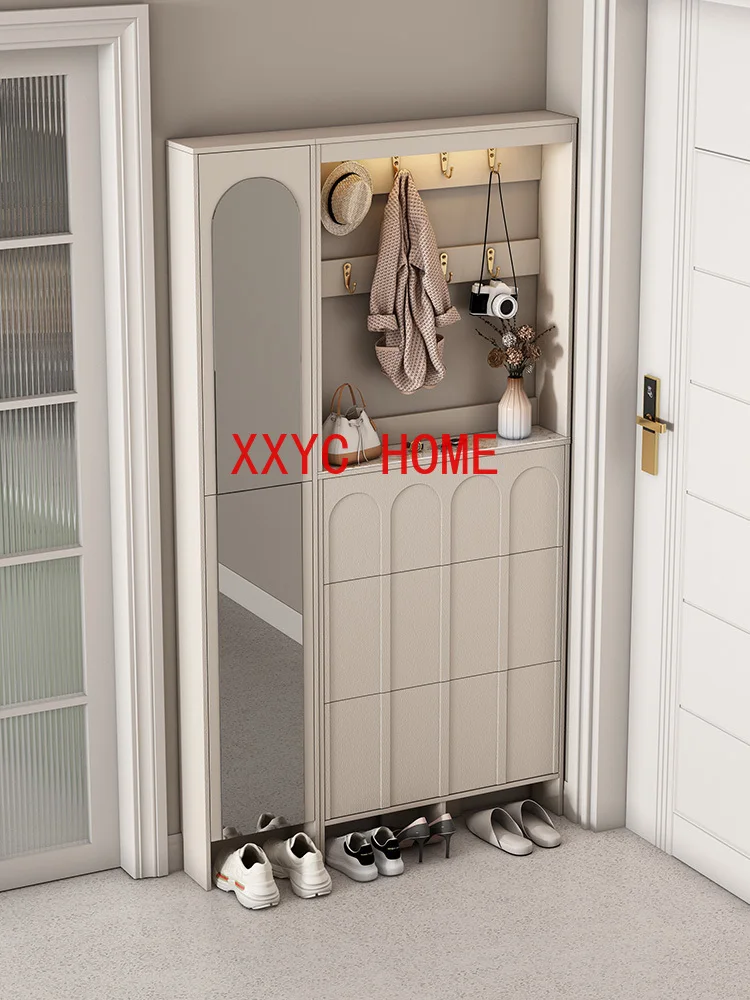 Cream Style Entrance Home Use Door with Dressing Mirror Full Body Ultra-Thin Narrow High Vertical High Cabinet