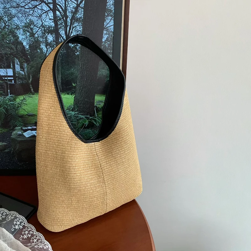 

French Casual Triangle Shoulder Bag, Lady Pu Contrast Trim Underarm Bag, Straw Large Crescent Tote, For Daily Commute & Vacation