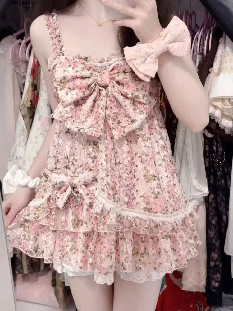 Japanese Style Sweet Girl Floral Spaghetti Strap Dress Pink Rose Bow Vintage Short Dresses New Summer Style Besch Party Outfits