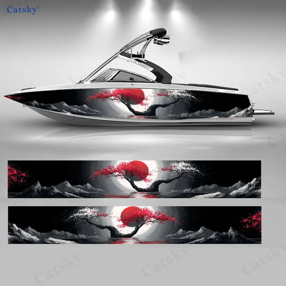 Red Tree Reflecting Moon Landscape Boat Stickers, PVC Waterproof Vinyl Wrap Decals for Fishing Boats, Durable and Stylish Design