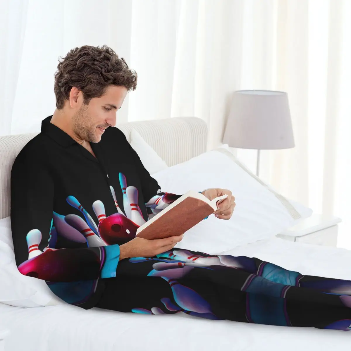 Men Pajamas Set of Autumn Winter Long-Sleeved Bowling Ball Hitting Pins Home Clothing Sleepwear 2PCS/Set