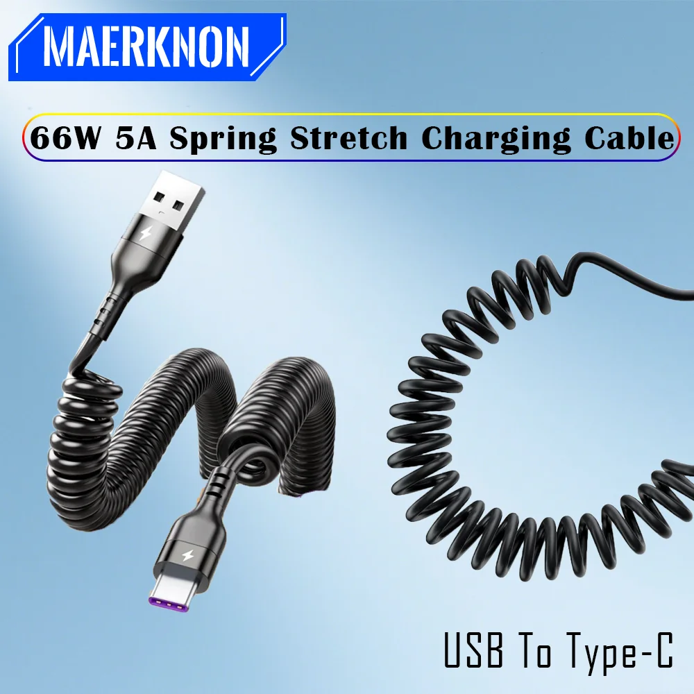 

66W 5A Spring Stretch Charging Cable Fast Charging Data Cord Line For Xiaomi Samsung Huawei USB To Type-C Smartphone Data Cable