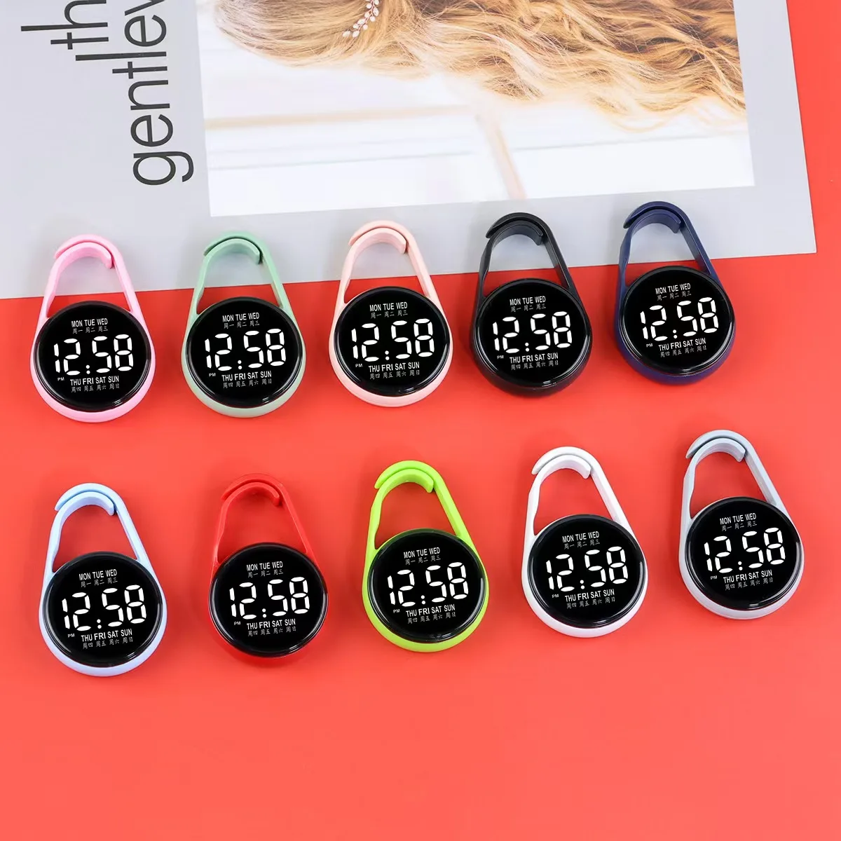 Carabiner LED Digital Pocket Watch Night Light Electronic Hanging Clip Watch Backpack Accessories