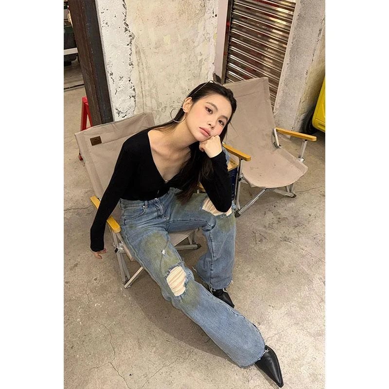 

2025 Autumn New Sle American Hot Girl Pure Desire Bla Hollow V-ne Long Sve One-piece Women's Trendy Ins Clothing