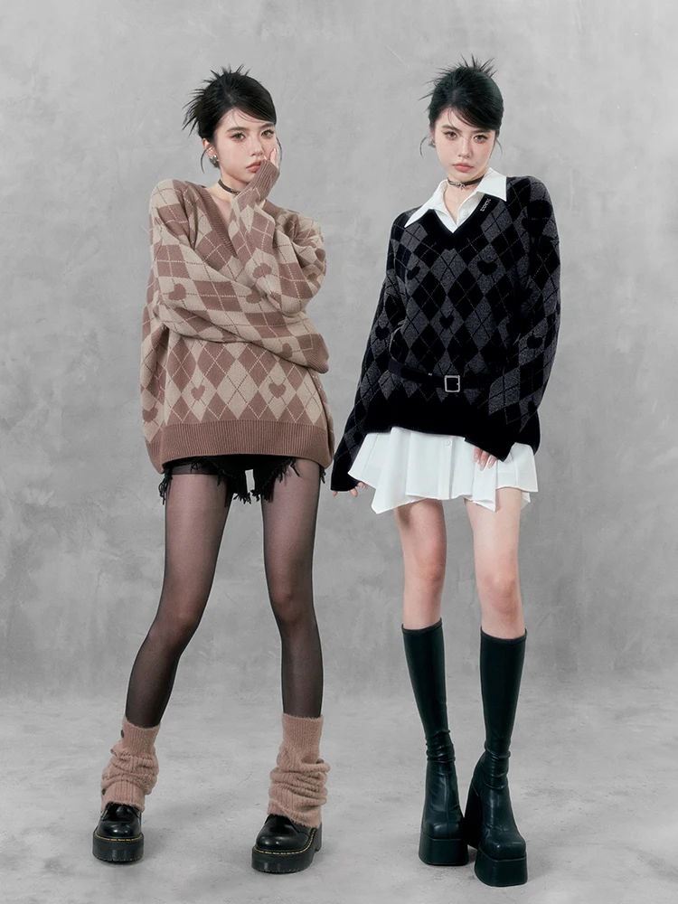 

VO Retro Sweetheart American Heart id Вязаный свитер свободного кроя с V-образным вырезом в уличном стиле, зимний, стандартной длины