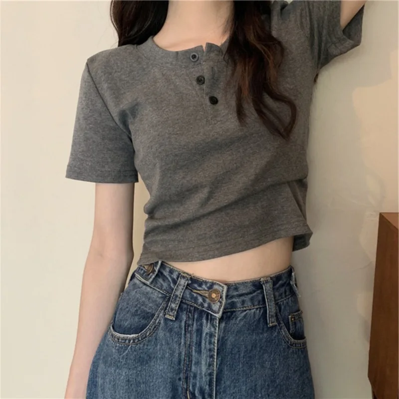 Damen Kurzarm-T-Shirt Sommer-Design Einfarbig Knopfleiste V-Ausschnitt Kurzarm-T-Shirt Mädchen Studentin Hochgeschnittenes Schlankes Top T-Shirt