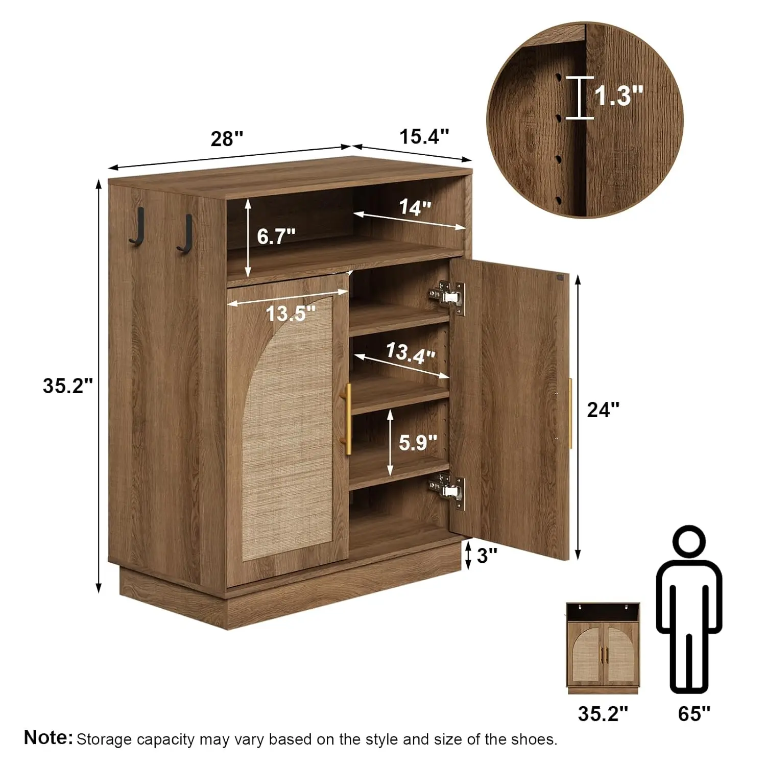 Rattan Shoe Cabinet 2 Arched Doors Entryway Organizer Wooden Hallway Slim, Customized