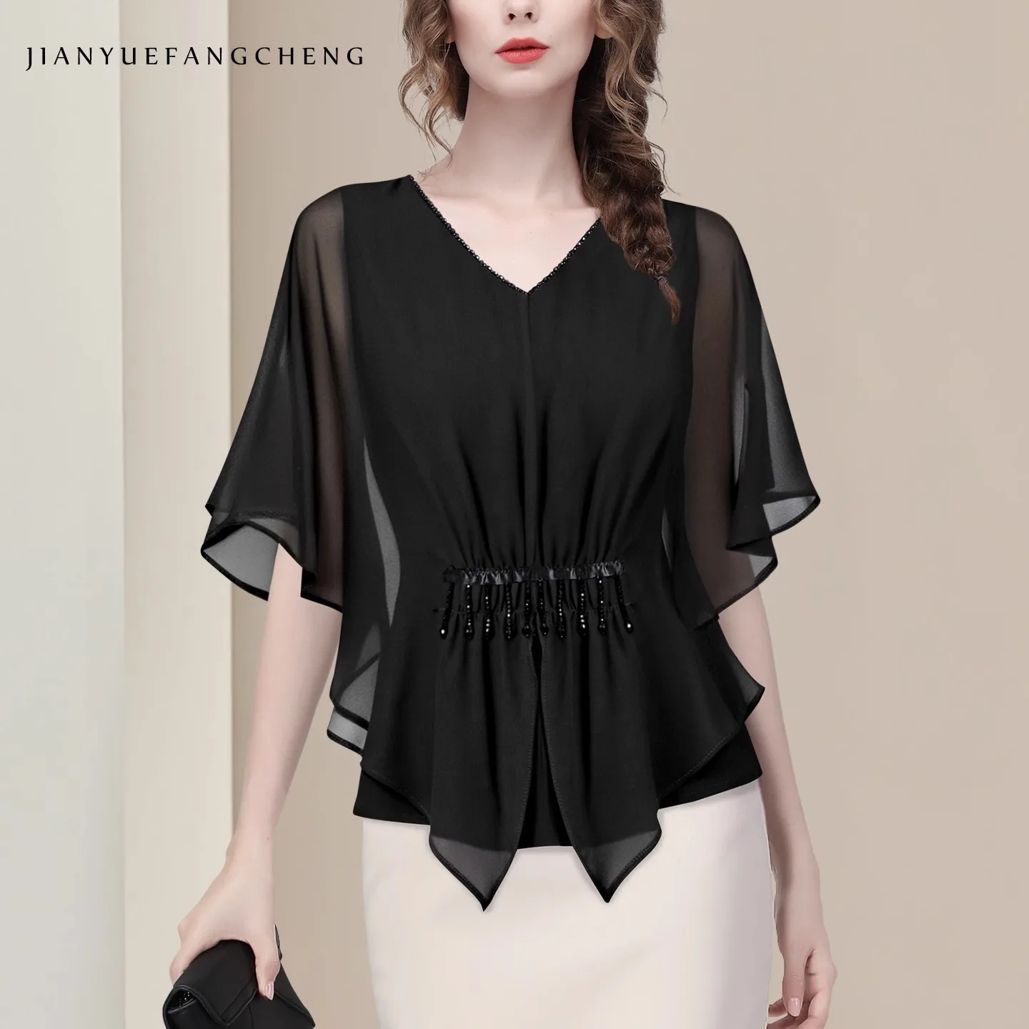 

Модная женская летняя черная шифоновая блузка с бисером, топы с коротким рукавом и v-образным вырезом, оборками, элегантные тонкие повседневные офисные блузки
