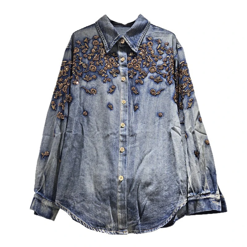 WTHT Vintage Women's Rhinestone Butterfly Embroidery Denim Shirt 2026 Summer Lapel Long-sleeve Gradient Blouse Female 1LS3097