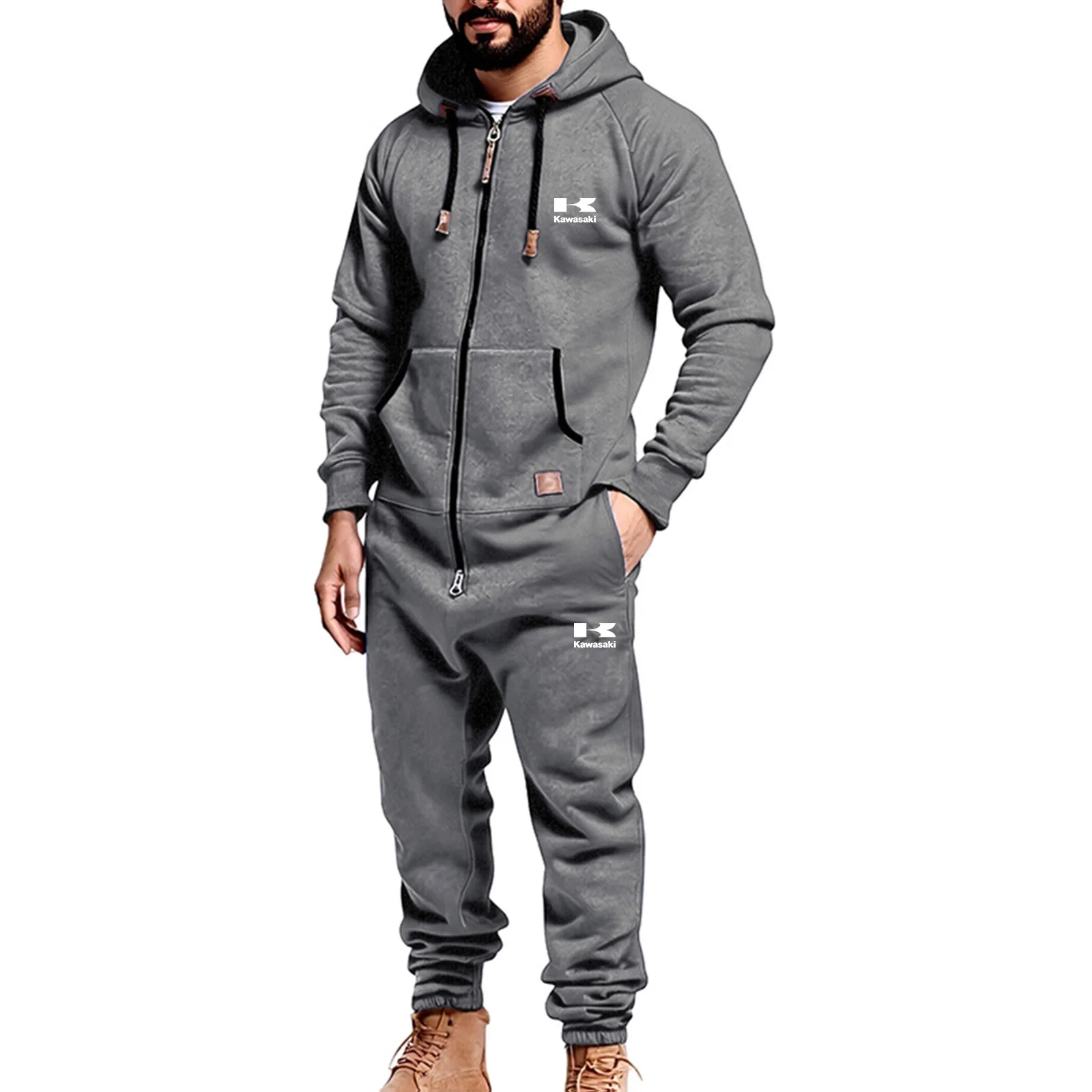 

New men's fashionable printed one-piece hooded set for autumn and winter, warm zipper pocket drawstring casual set