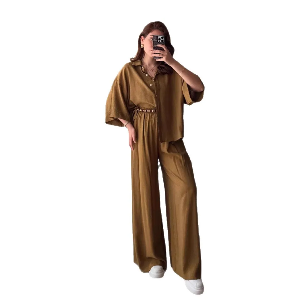 

2025 New Fashion Button-down Shirt + Wide-leg Pants Suit Women Autumn Casual Loose Top And Trousers Two-piece Set For Women