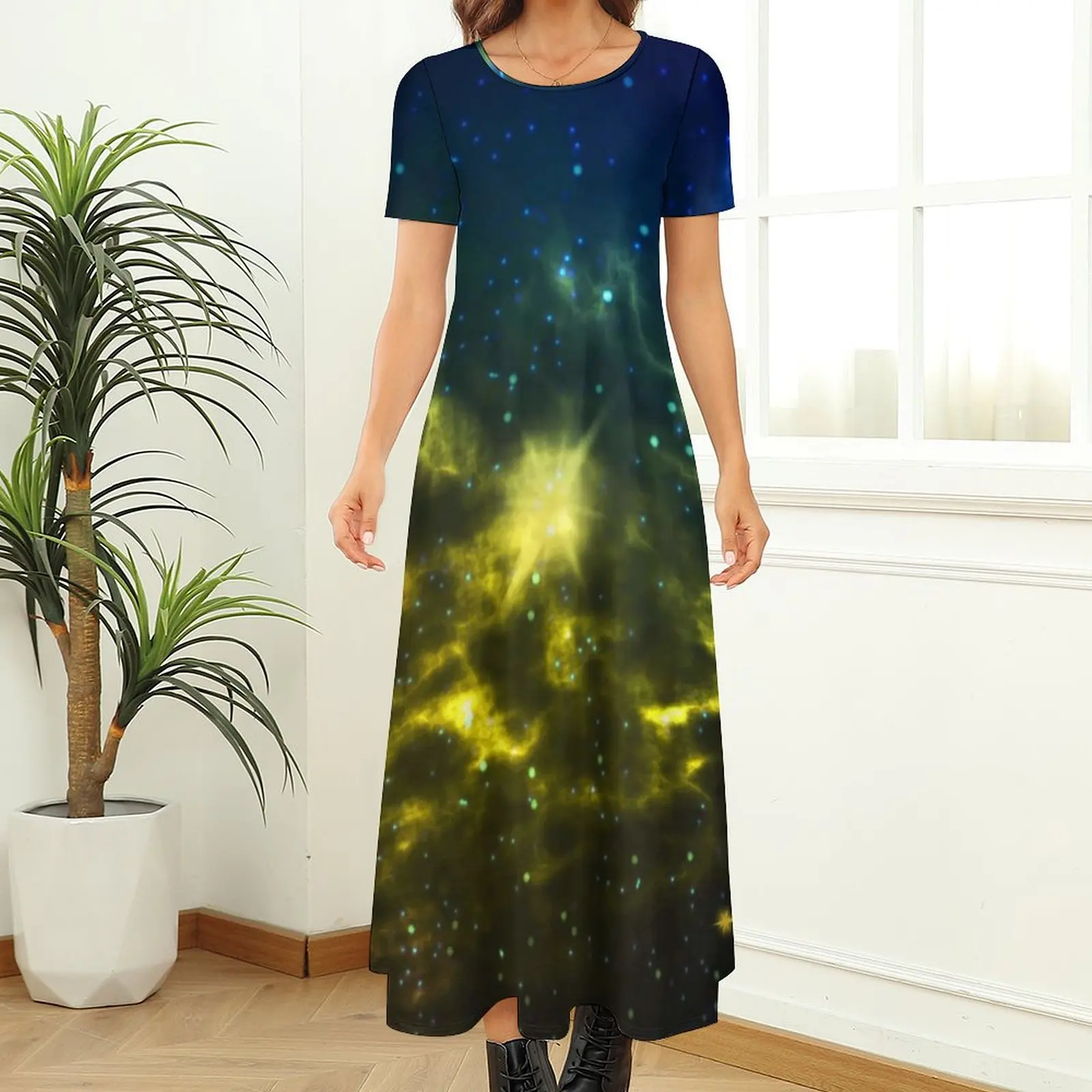 Bright Galaxy Dress Cosmic Starry Sky Maxi Dress Short Sleeve Aesthetic Bohemia Long Dresses Female Pattern Oversize Vestidos