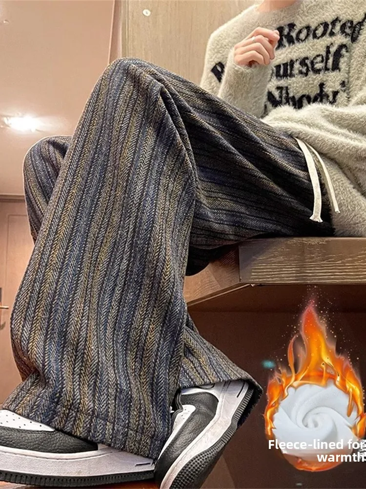 

Thiened Woolen Men's Casual Pants Autumn Winter Vintage Vertical Stripes Drape Wide Leg Straight Tube Trousers