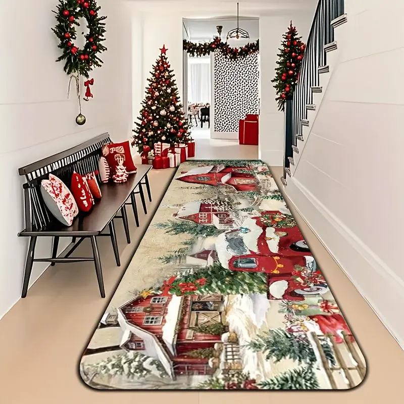VIKAMA Christmas Village Runner Rug Crystal Velvet Red House Snow Non Slip Hallway Carpet Soft Washable Entryway Floor Mat Xmas