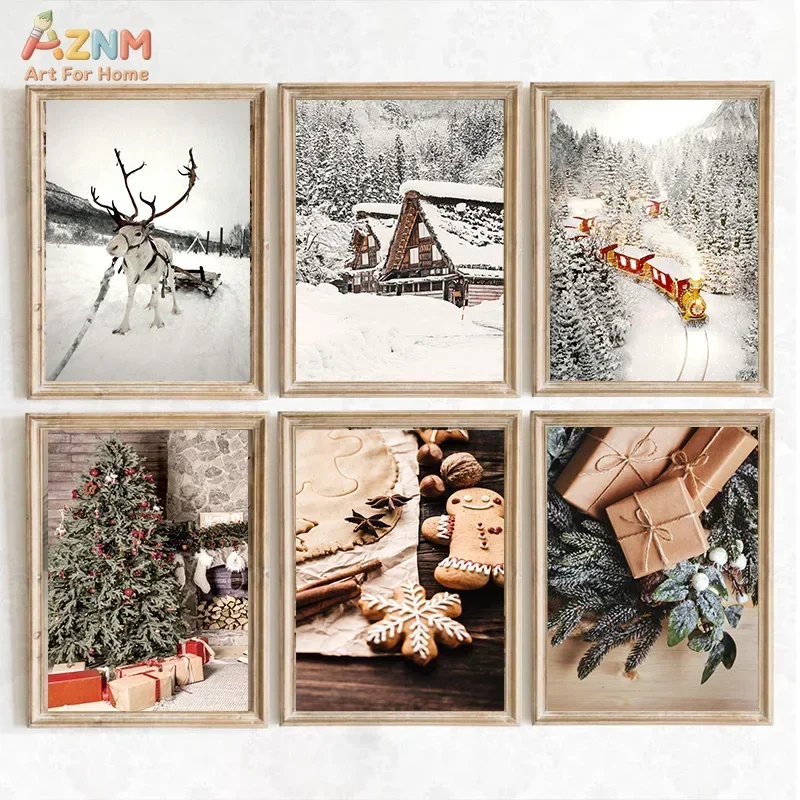 AZNM Winter Christmas Canvas Wall Art, Snowy Mountain Reindeer Cabin Train Xmas Tree Gingerbread Gift Vintage Holiday Print, Fra