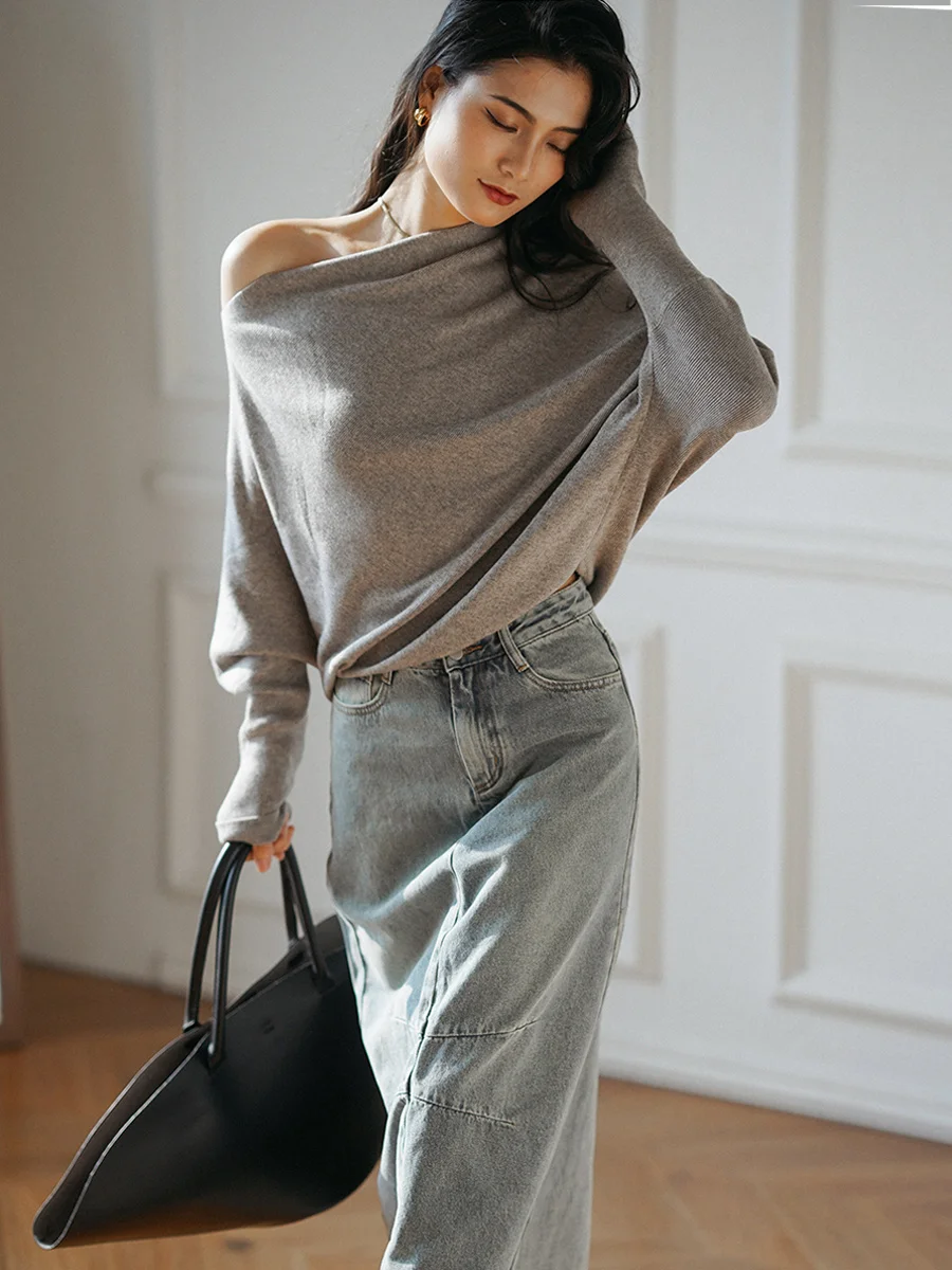 

XiaoqianTime Pouring ShadowLazy Wind Oblique Off Shoulder Bat Sheep Leg Long Sleeve Knitted Sweater Top Female