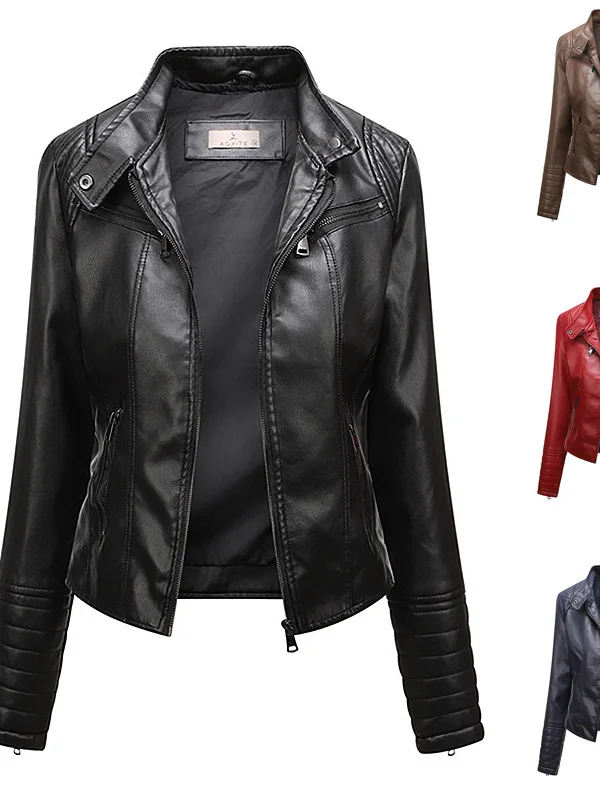 

Женская приталенная тонкая кожаная куртка-косуха с воротником-стойкой, повседневная, ветрозащитная, с длинными рукавами, на молнии, однотонная