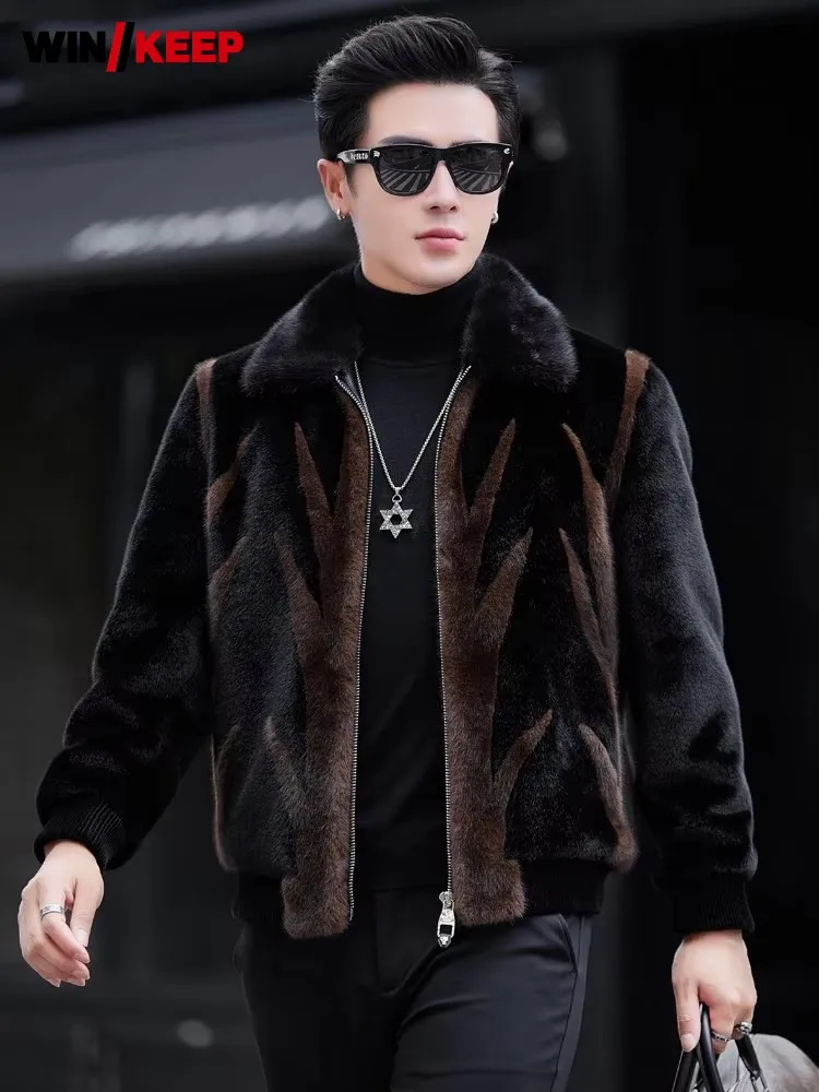 Men Genuine Leather Spliced Artificial Fur Outerwear Slim Fit Winter Coat Real Mink Fur Collar Spliced Jackets Zip Lapel Coats