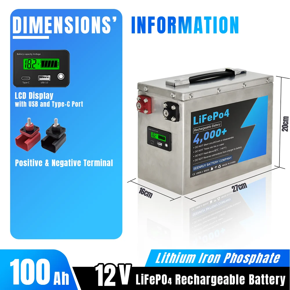 12V 100Ah Lifepo4 Battery Pack Lithium Iron Phosphate Built-in BMS Optional Bluetooth Deep Cycle for Campers Outdoor