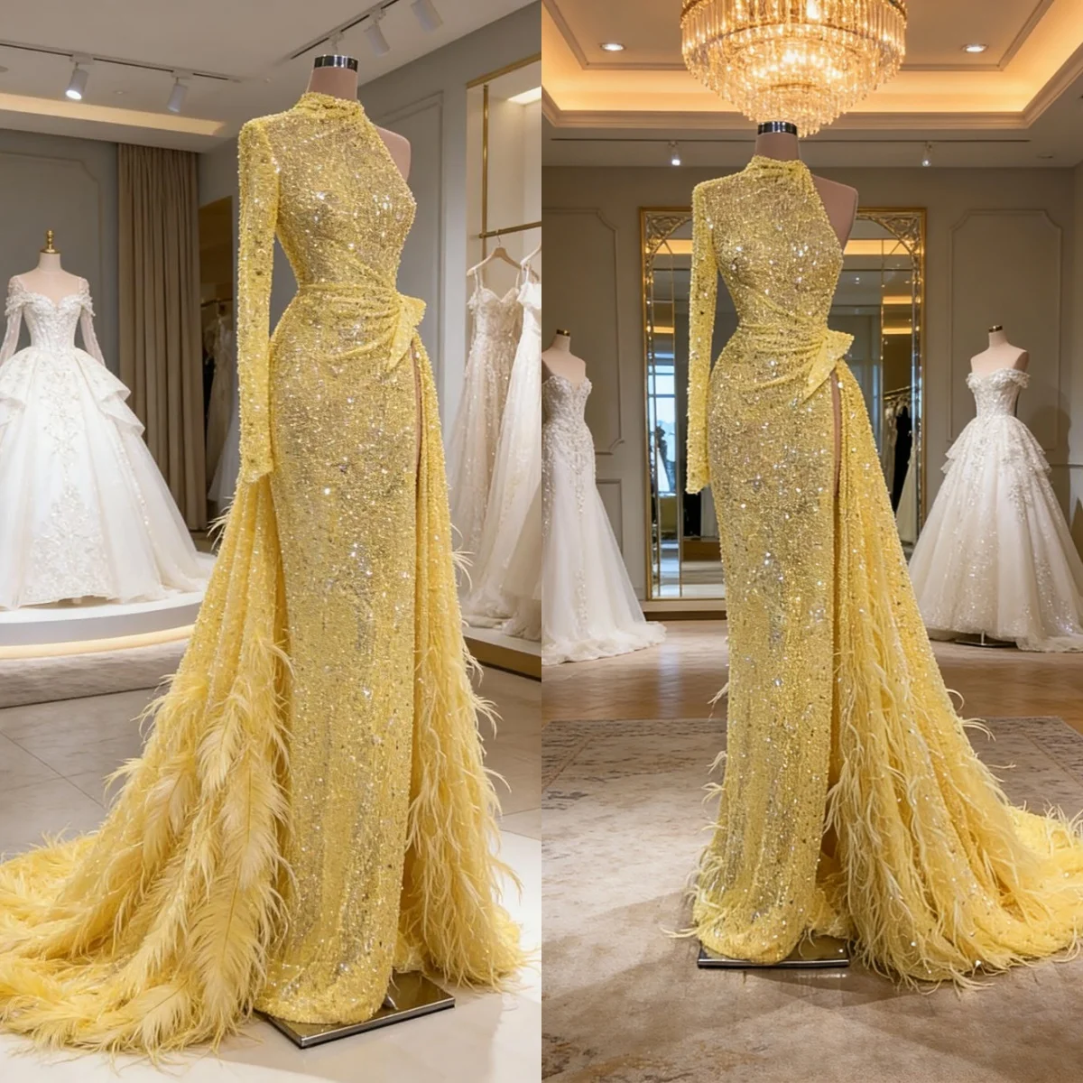 Glitzerndes Meerjungfrau-Abschlussballkleid mit Federn, One-Shoulder-Design, Langarm-Abendkleider, Modische Pailletten, Bodenlange Partykleider, Maßanfertigung