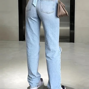 Damenjeans mit Kniestier, locker und komfortable, lässige Jeans mit geraden Mikroelastik, alles Match, neu, 2024 10 Elastan -Hosen für Frauen der Frauen - №5