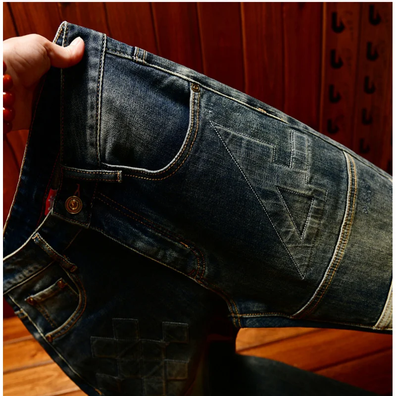 

2025Autumn Fashion Patchwork Design Men's Slim Fit Skinny Casual Embossed Trendy Light Luxury Retro Denim Pants